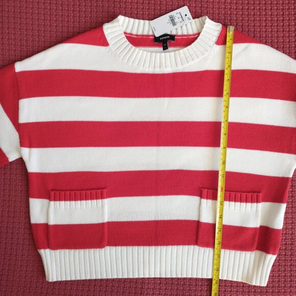 Express Relaxed Striped Crew Neck Pocket Sweater in Red and White NWT - Picture 8 of 14